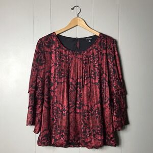 ROZ & ALI RED BLACK BAROQUE PATTERN BLOUSE 3/4 TIERED BELL SLEEVE WOMENS SIZE XL